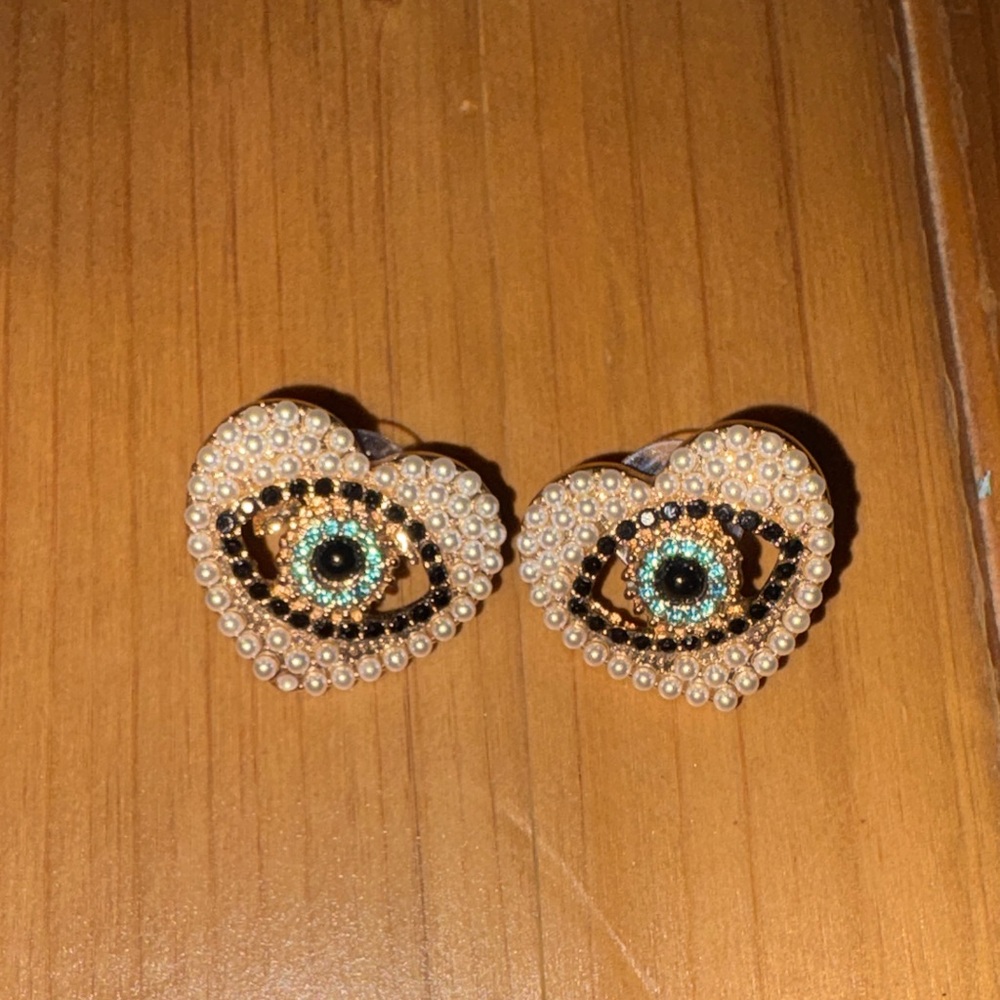 Heart Evil Eye Pearl Stud Earrings - Gold and Turquoise